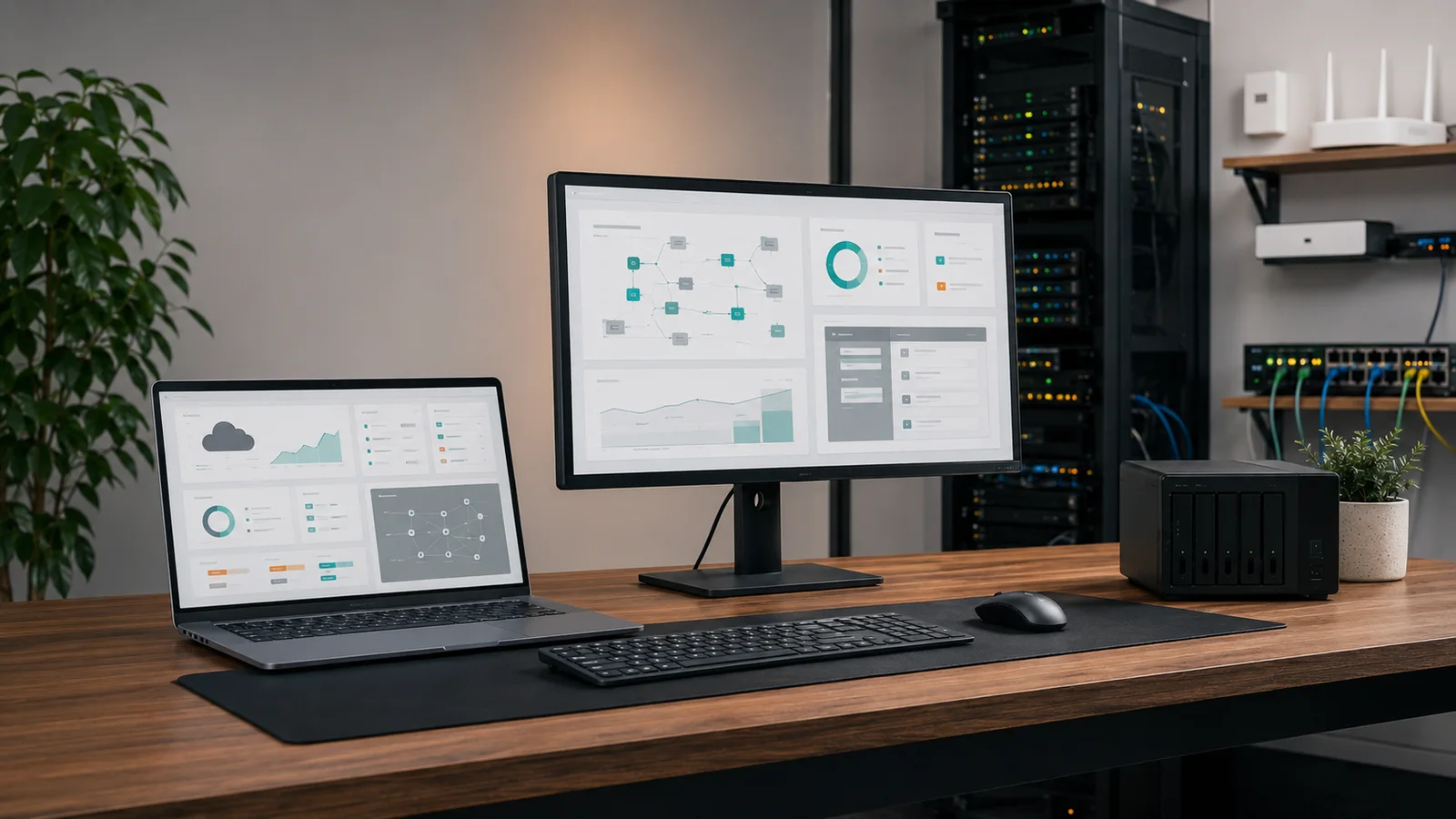 Cloud operations workspace with service dashboards, servers, private storage, and network equipment