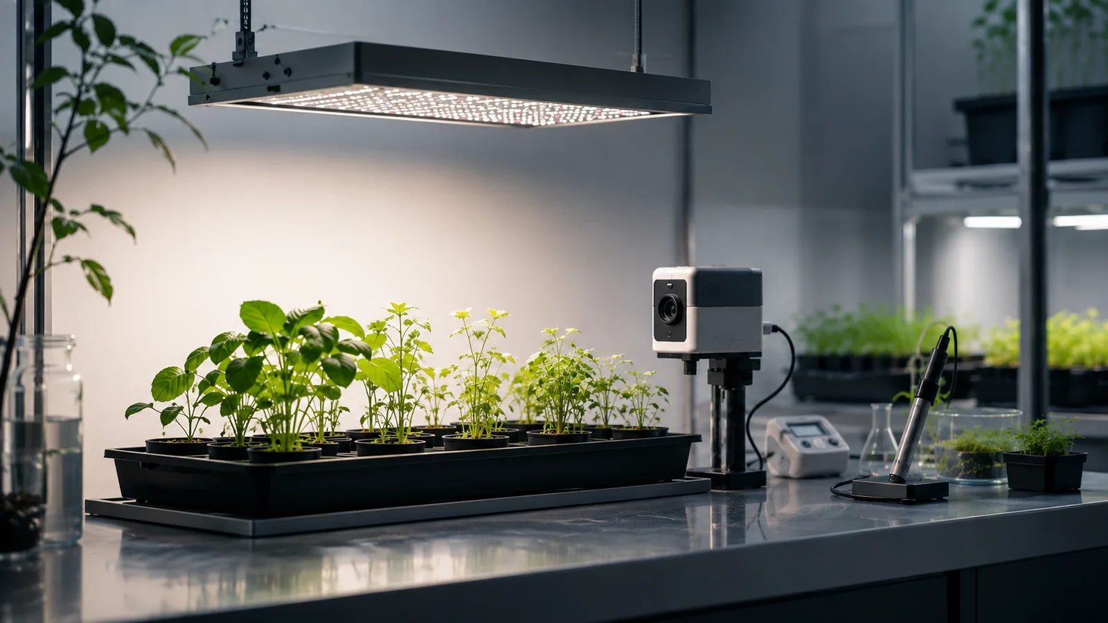 Controlled light measurement setup with plants, sensors, and optical instrumentation